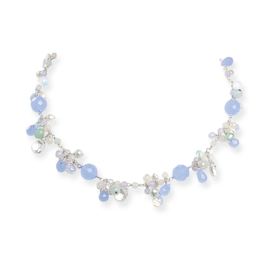Sterling Silver Blue Lace Agate/Opalite/Amazonite/Cult. Pearl Necklace