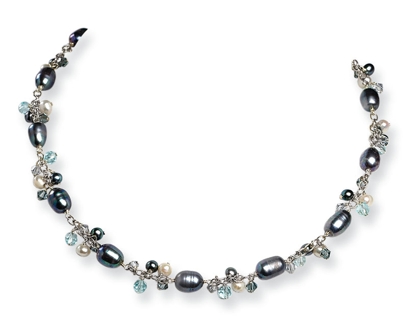 Sterling Silver Blue Azore/Peacock & White FW Cultured Pearl Necklace