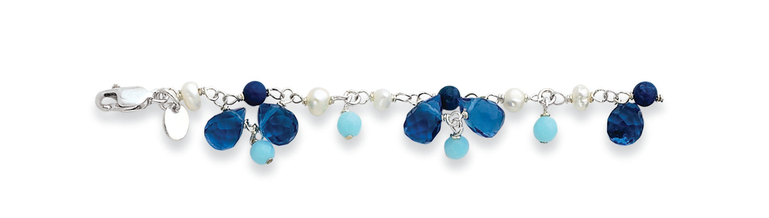 Sterling Silver Dark Blue Crystal/Lapis/Amazonite/Cultured Pearl Bracelet