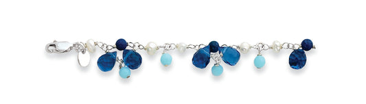 Sterling Silver Dark Blue Crystal/Lapis/Amazonite/Cultured Pearl Bracelet