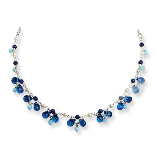 Sterling Silver Blue Crystal/Lapis/Amazonite/Cultured Pearl Necklace