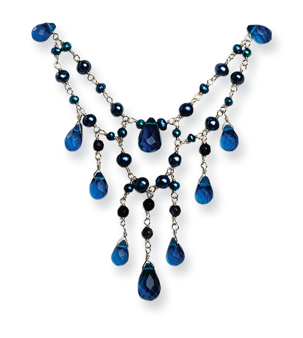 Sterling Silver Blue Goldstone/Blue Crystal/FW Cultured Pearl Necklace