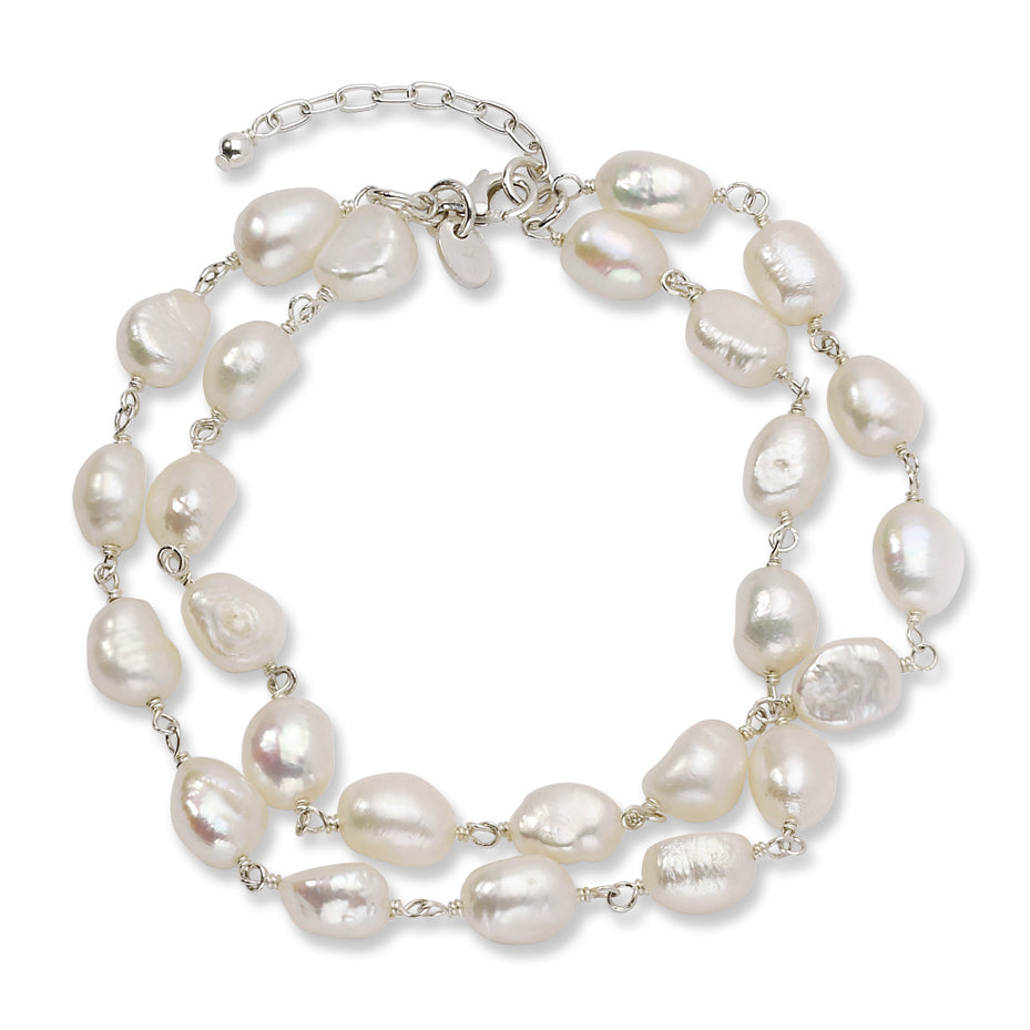 Sterling Silver 2-Strand Freshwater Cultured Pearl 8.5in Bracelet