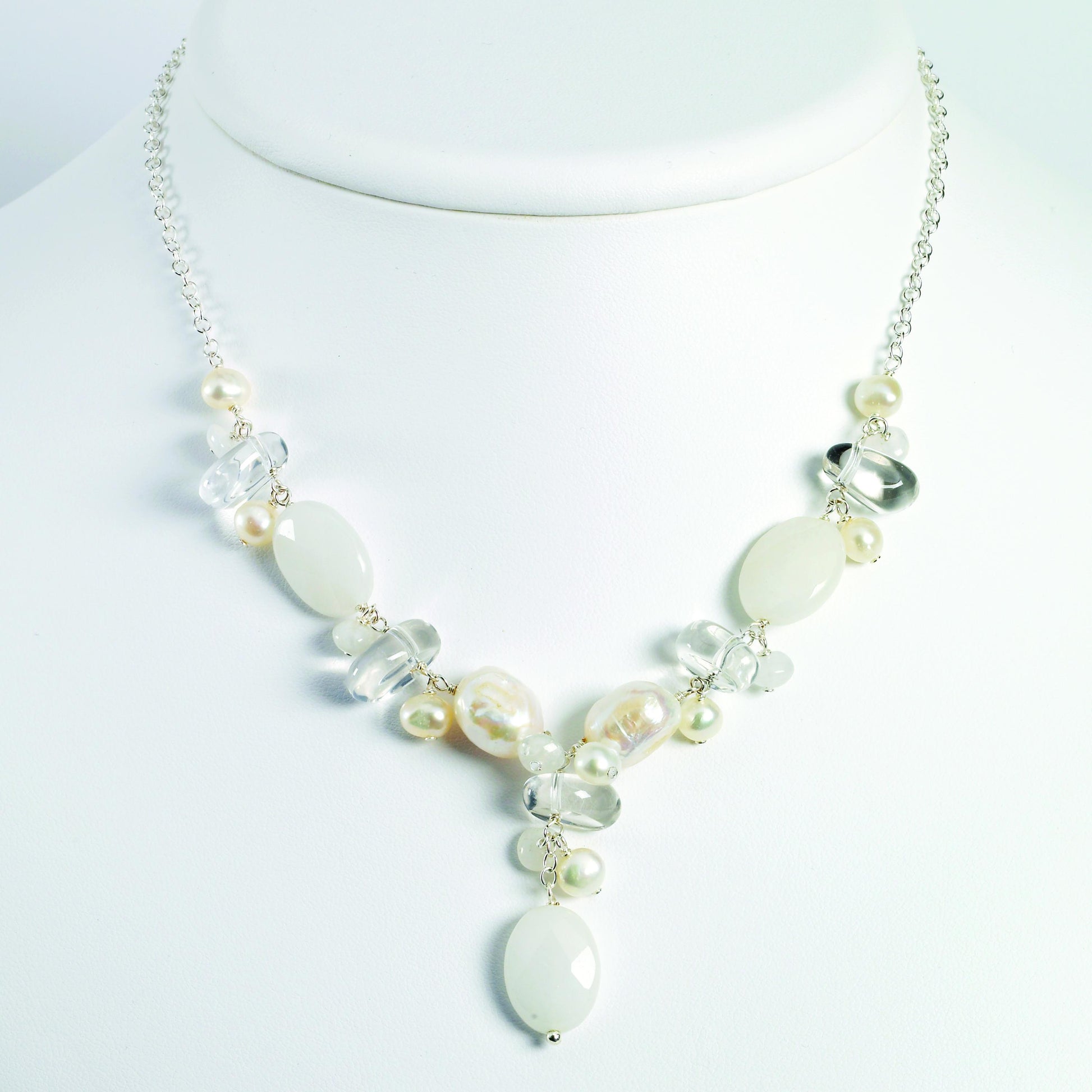 Sterling Silver Moonstone/FW Cult Pearl/Rock Qtz/White Jade Necklace