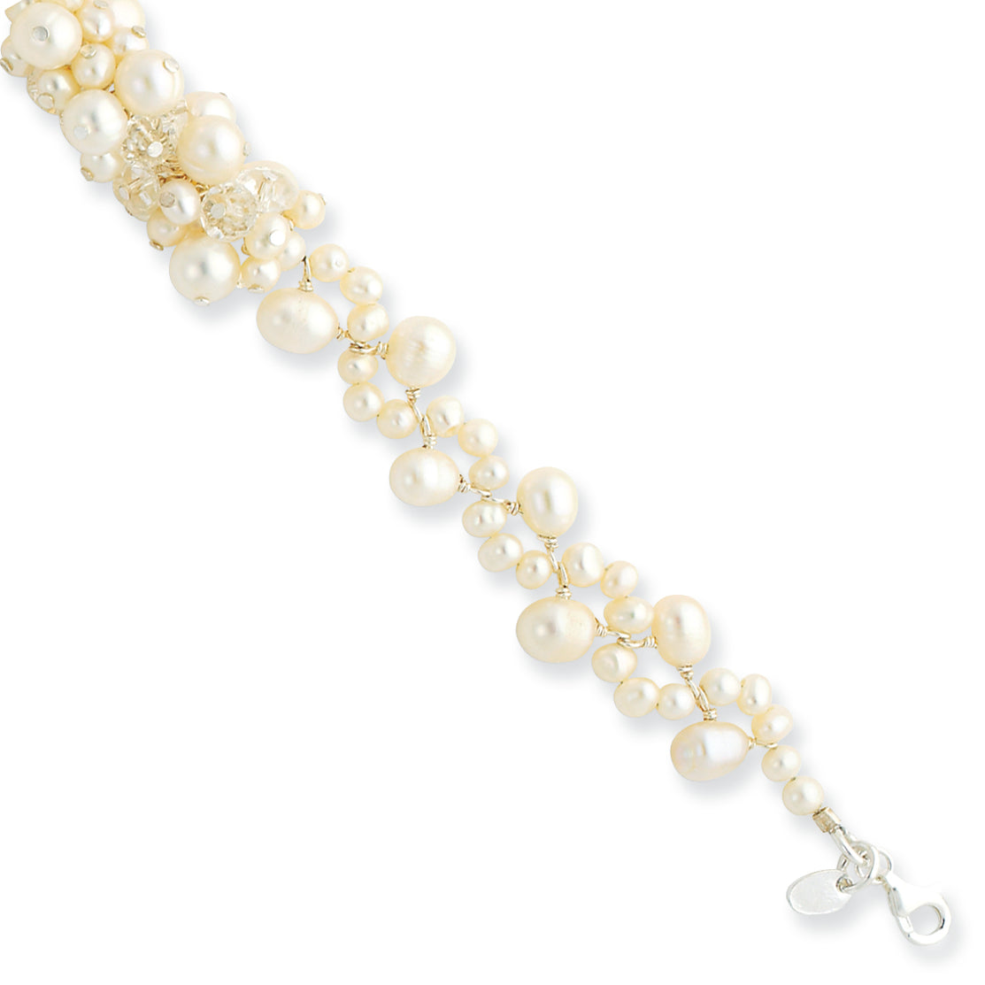 Sterling Silver Clear Crystal and Freshwater White Pearl 8in Bracelet