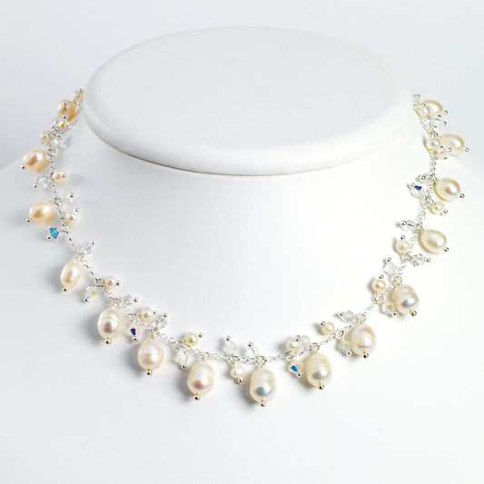 Sterling Silver FW Cultured Pearl/Aurora Borealis Crystal 18in Necklace