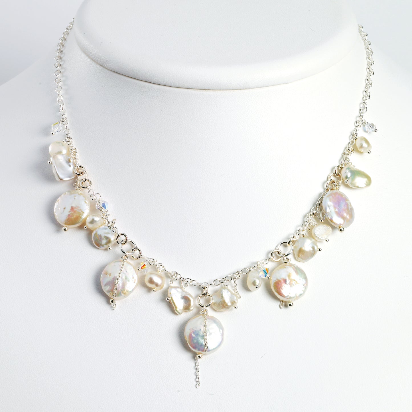 Sterling Silver FW Cultured Coin Pearl & Aurora Borealis Crystal Necklace
