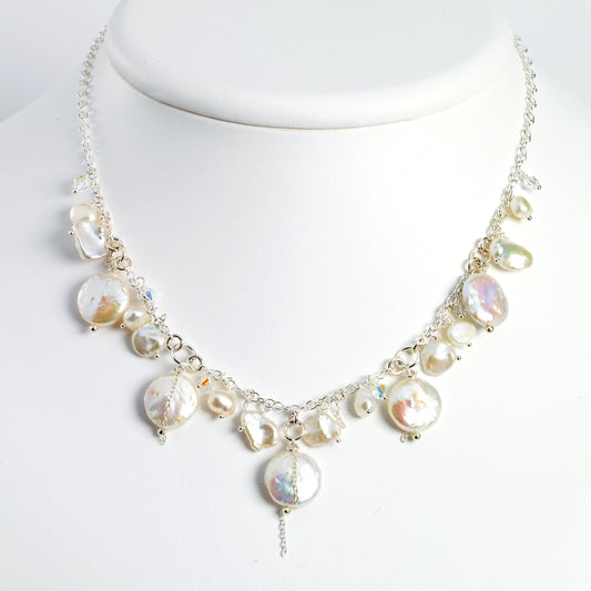 Sterling Silver FW Cultured Coin Pearl & Aurora Borealis Crystal Necklace