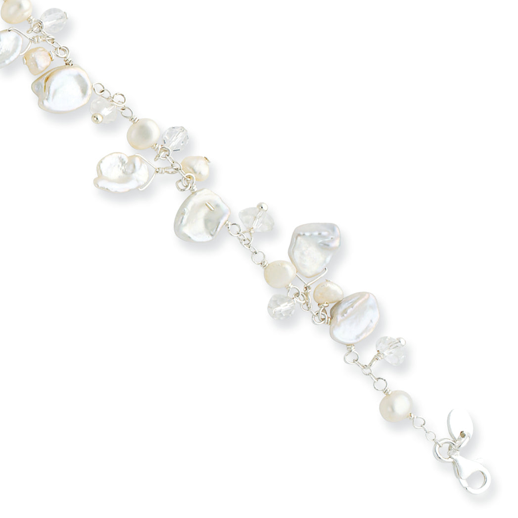 Sterling Silver Freshwater Cultured Pearl & Rock Quartz 8in Bracelet