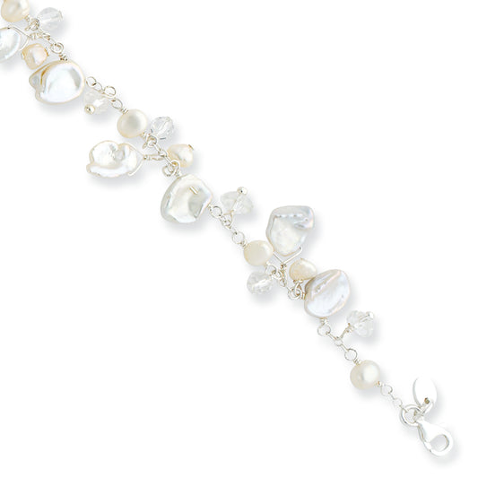 Sterling Silver Freshwater Cultured Pearl & Rock Quartz 8in Bracelet