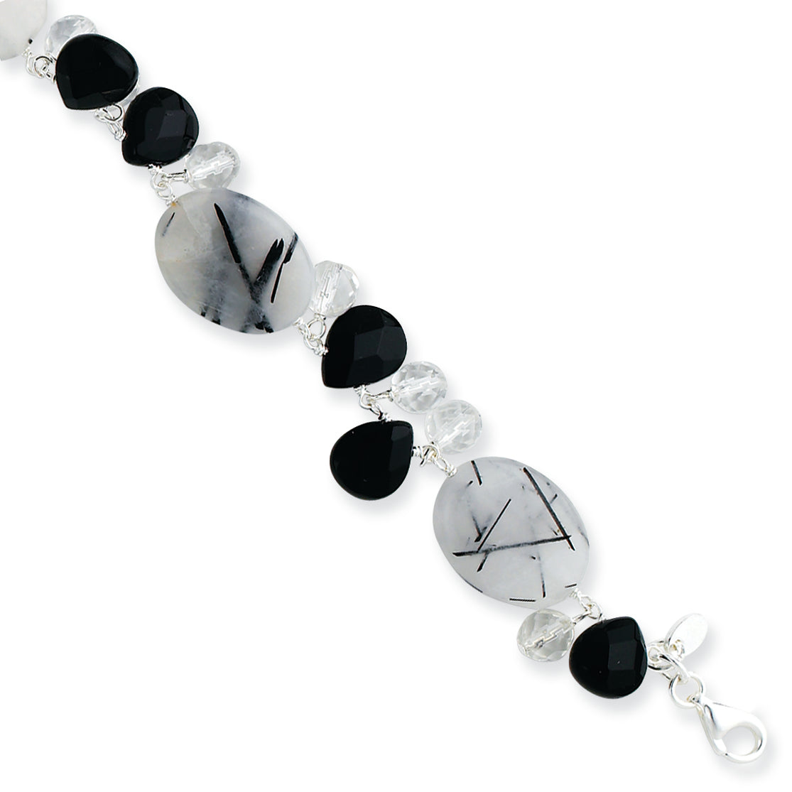 Sterling Silver Black Agate/Smokey Quartz/Tourmalinated Quartz Bracelet