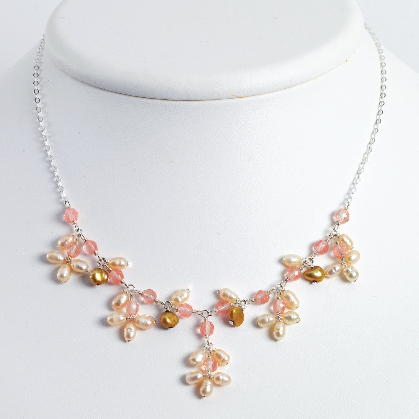 Sterling Silver Cherry Qtz/Golden & Peach FW Cultured Pearl Necklace