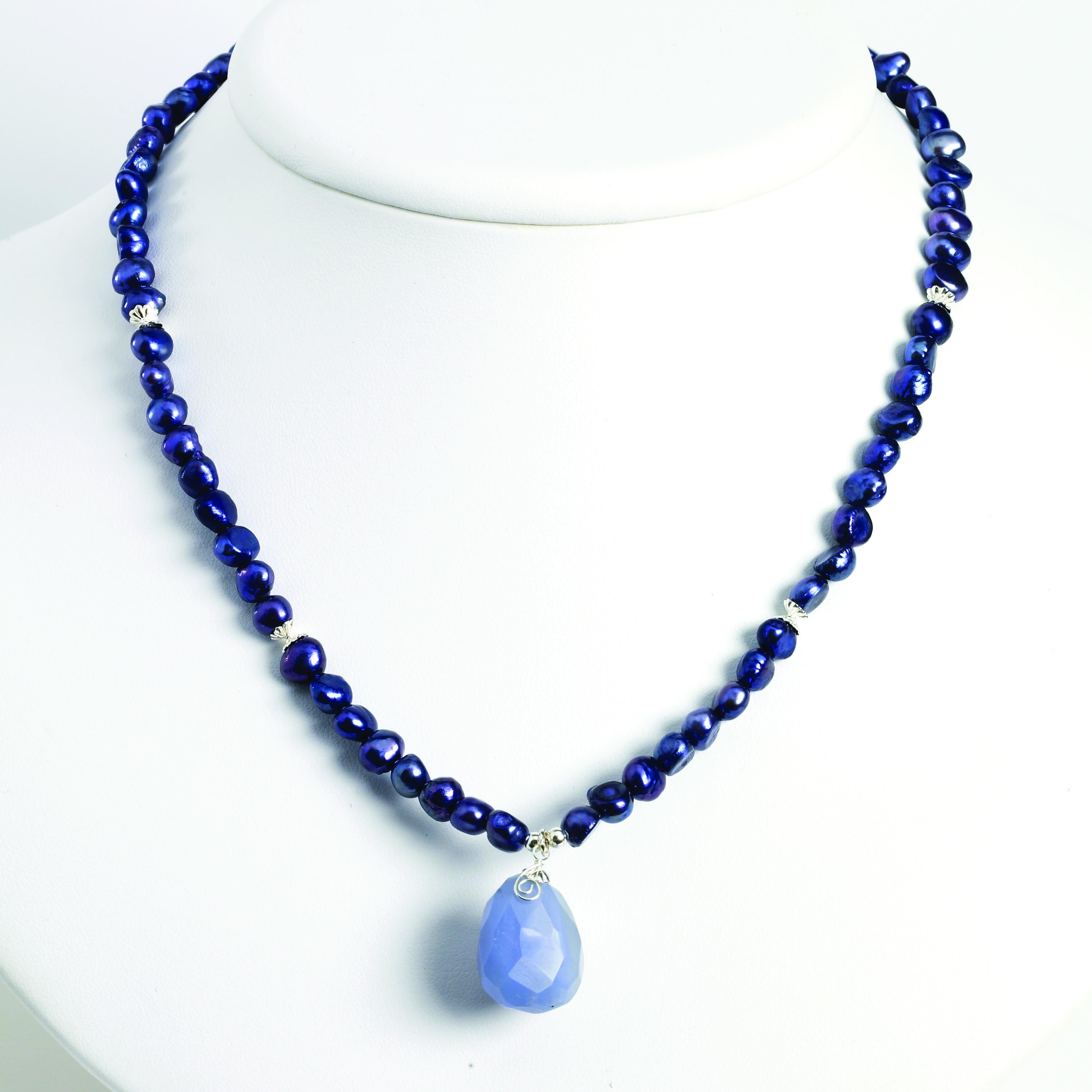 Sterling Silver Blue Agate/Dark Blue Cultured Pearl Necklace