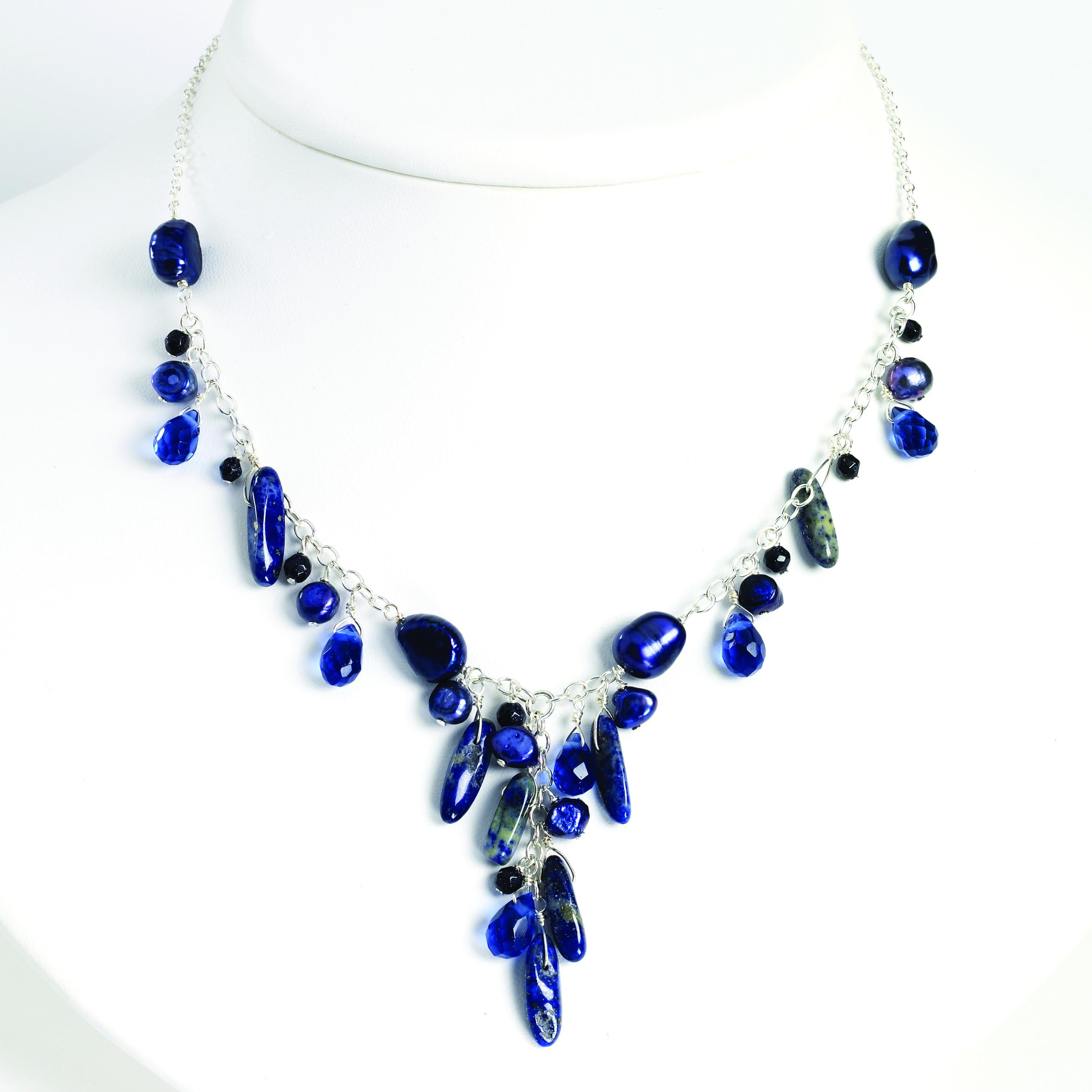Sterling Silver Blue Sandstone/Dark Blue Cultured Pearl Necklace