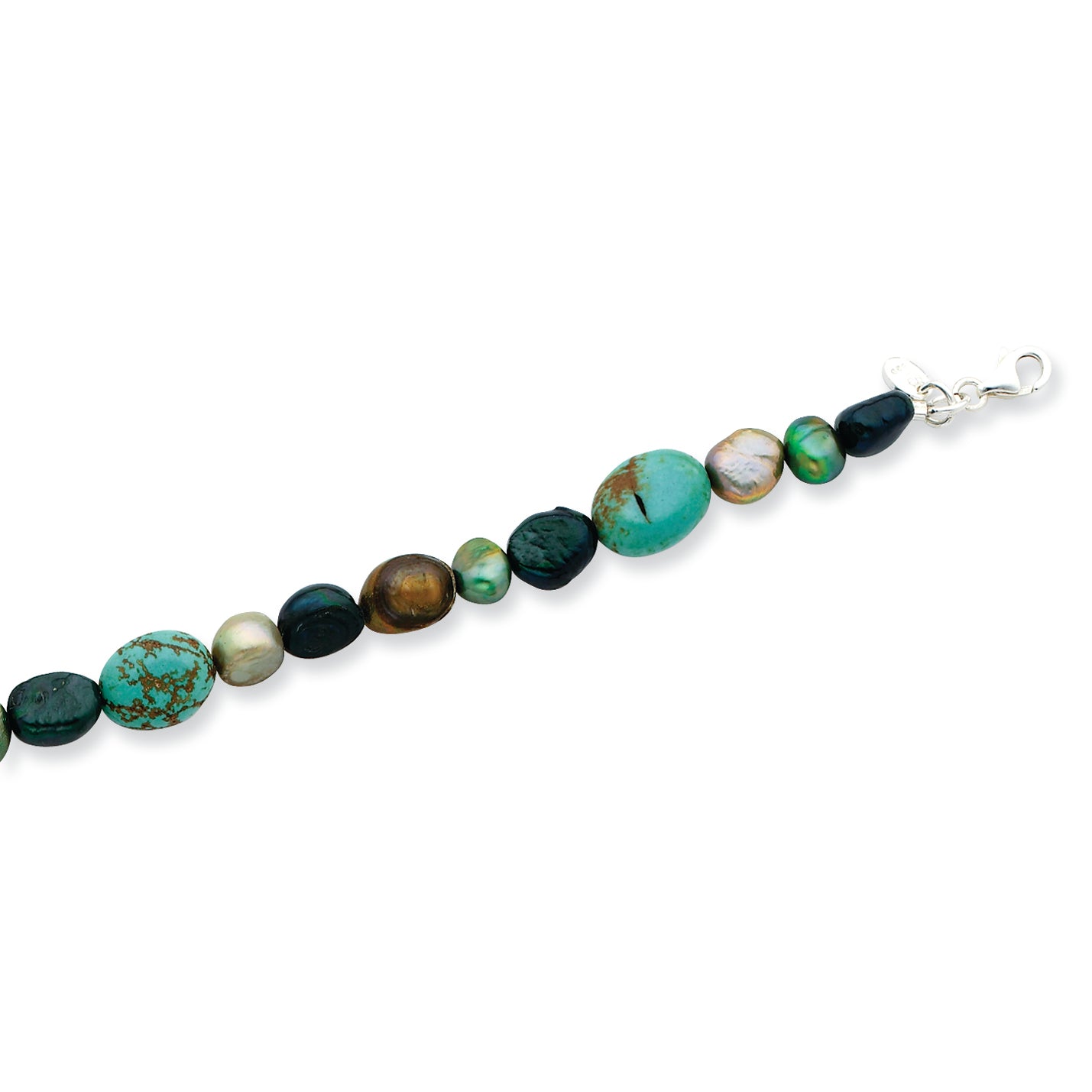 Sterling Silver Grey & Green Cultured Pearls/Turquoise Bracelet