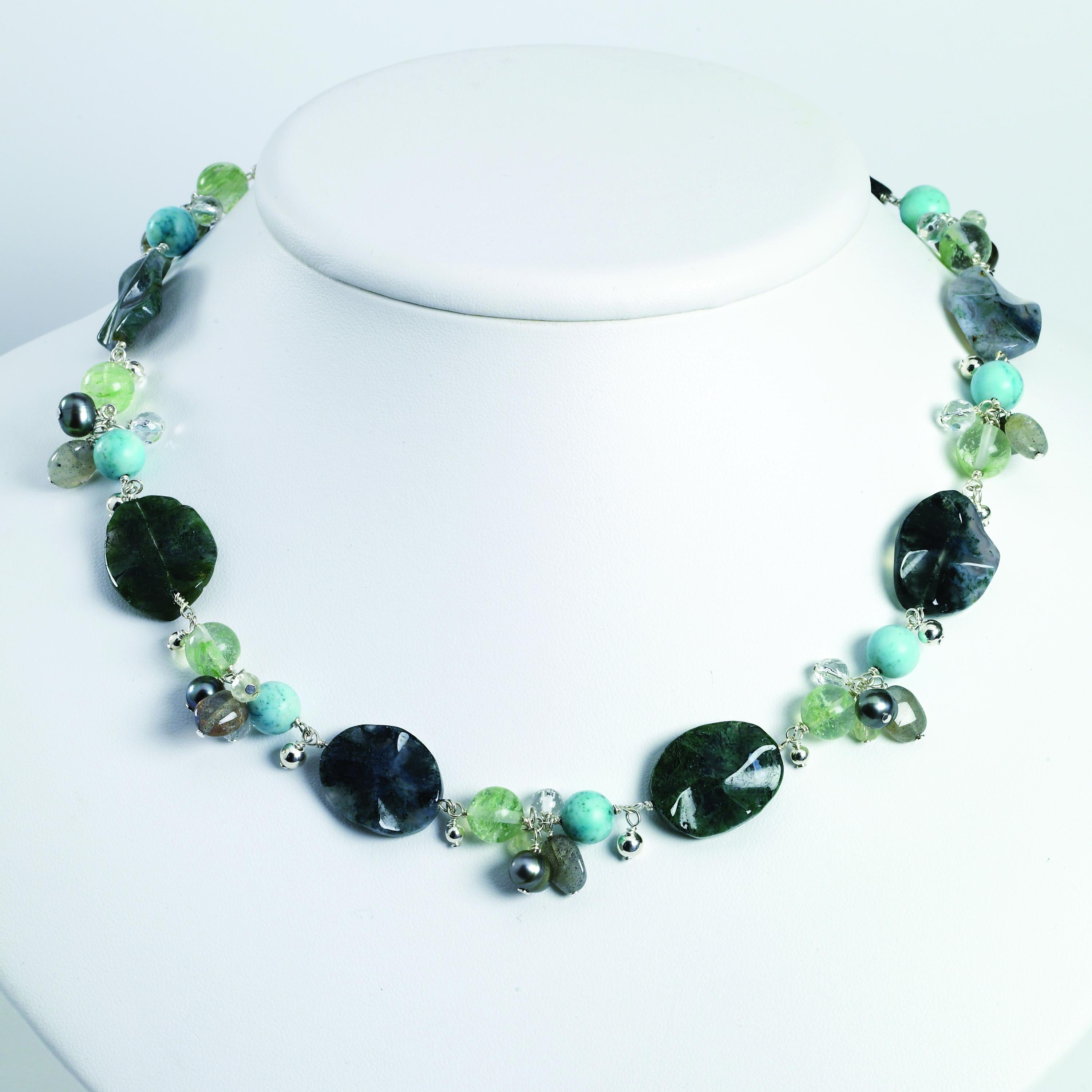 Sterling Silver Agate/Grn Moss & Rk Quartz/Labradolite/PrehniteNecklace