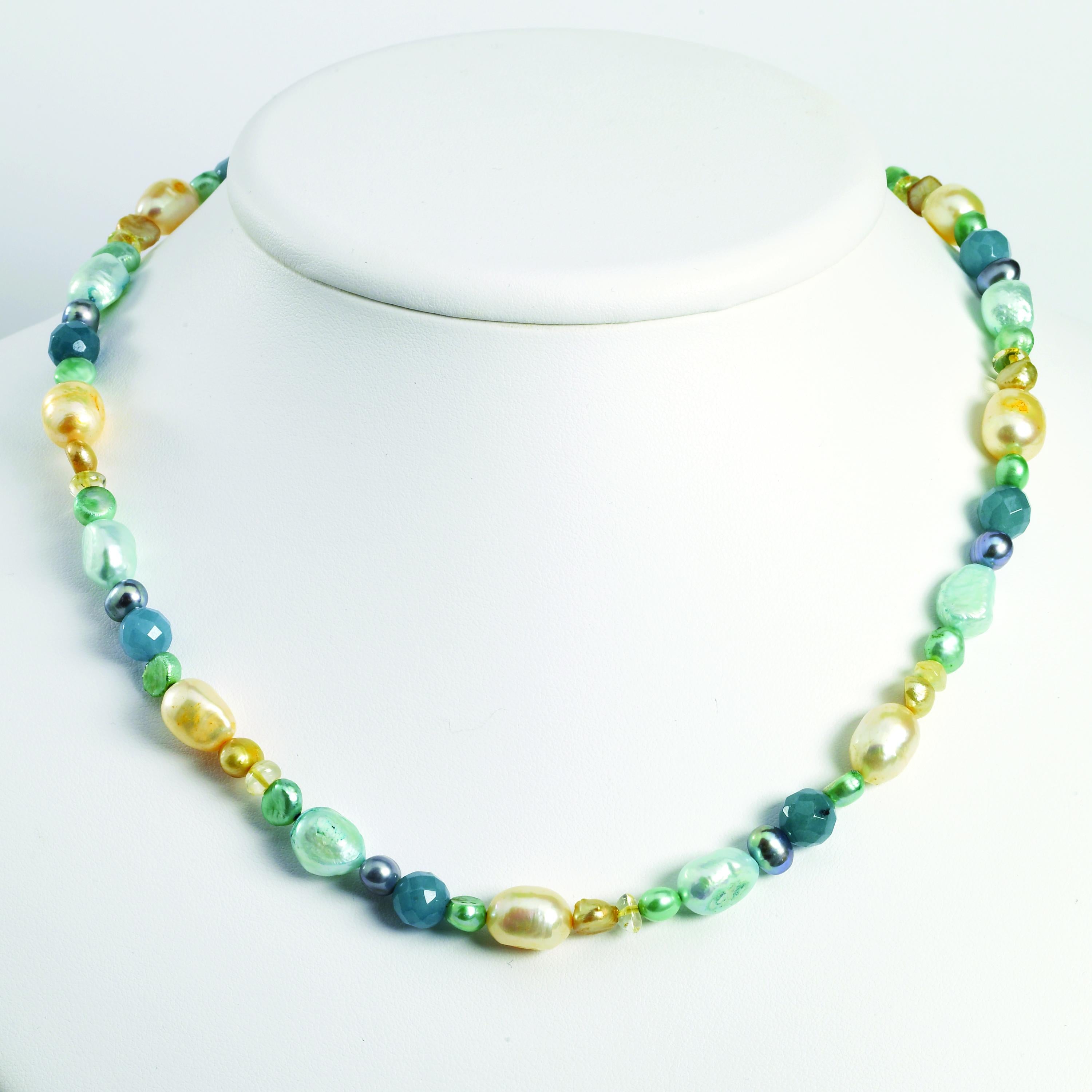 Sterling Silver Blue Jade/Citrine/Freshwater Cultured Pearl Necklace