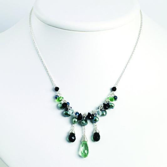 Sterling Silver Grn Amethyst/Oynx/Crystals/FW Cultured Pearl Necklace