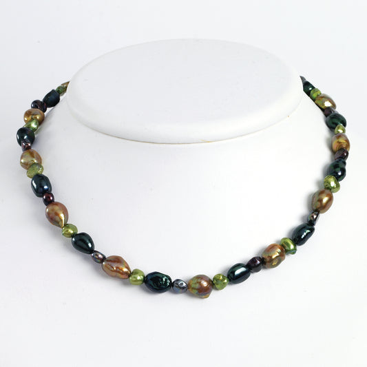 Sterling Silver Dk Green/Dk Purple/Olivine FW Cultured Pearl Necklace