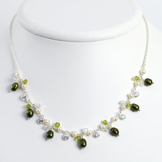 Sterling Silver Green & White FW Cultured Pearls/Crystals/CZ Necklace