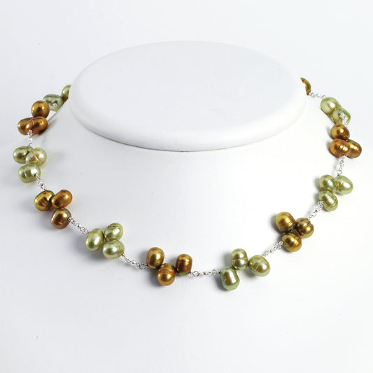 Sterling Silver Golden & Green Freshwater Cultured Pearl Necklace