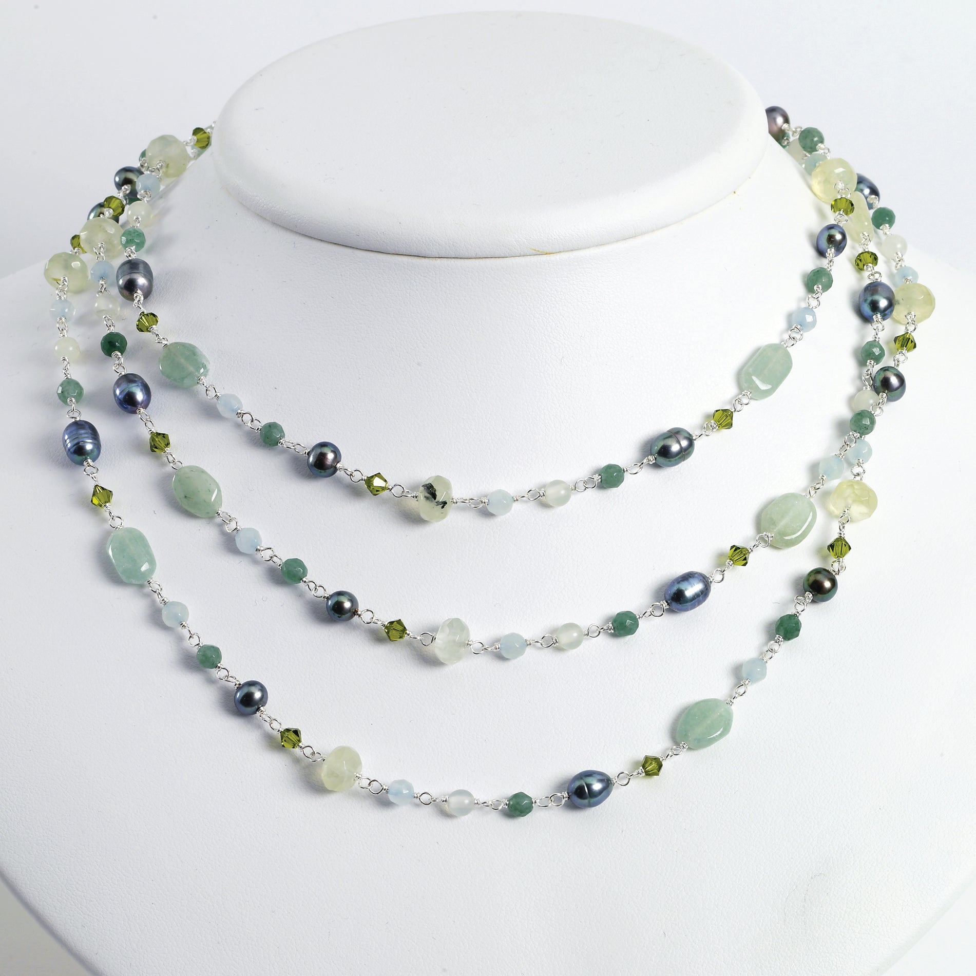 Sterling Silver Aventurine/Jade/Quartz/Pearl/Prehnite/Periodot Necklace