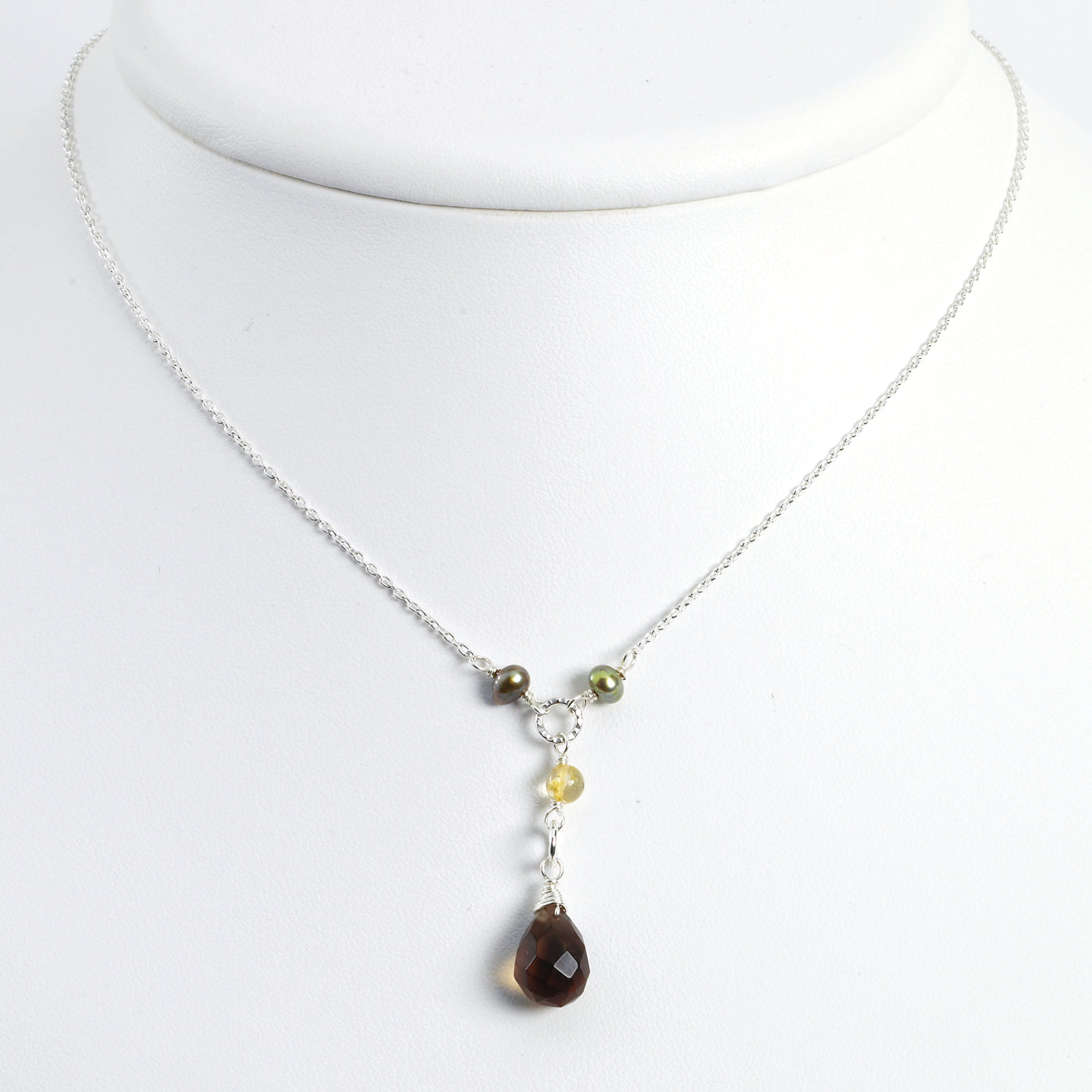 Sterling Silver FW Cultured Pearl/Smokey Quartz/Yellow Jade Necklace