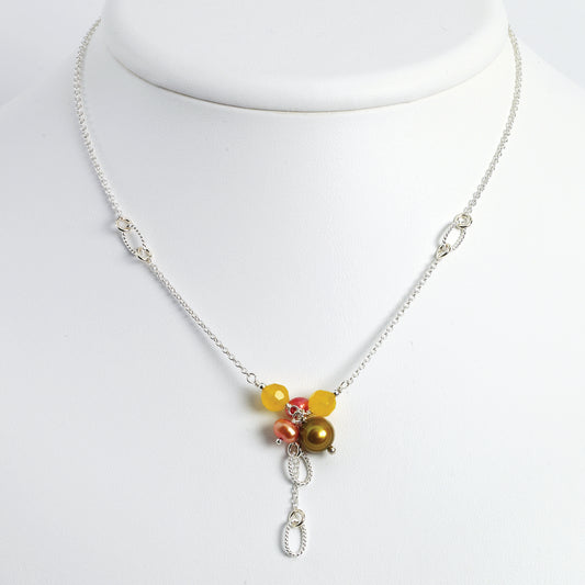 Sterling Silver Freshwater Cultured Pearls & Yellow Jade Necklace