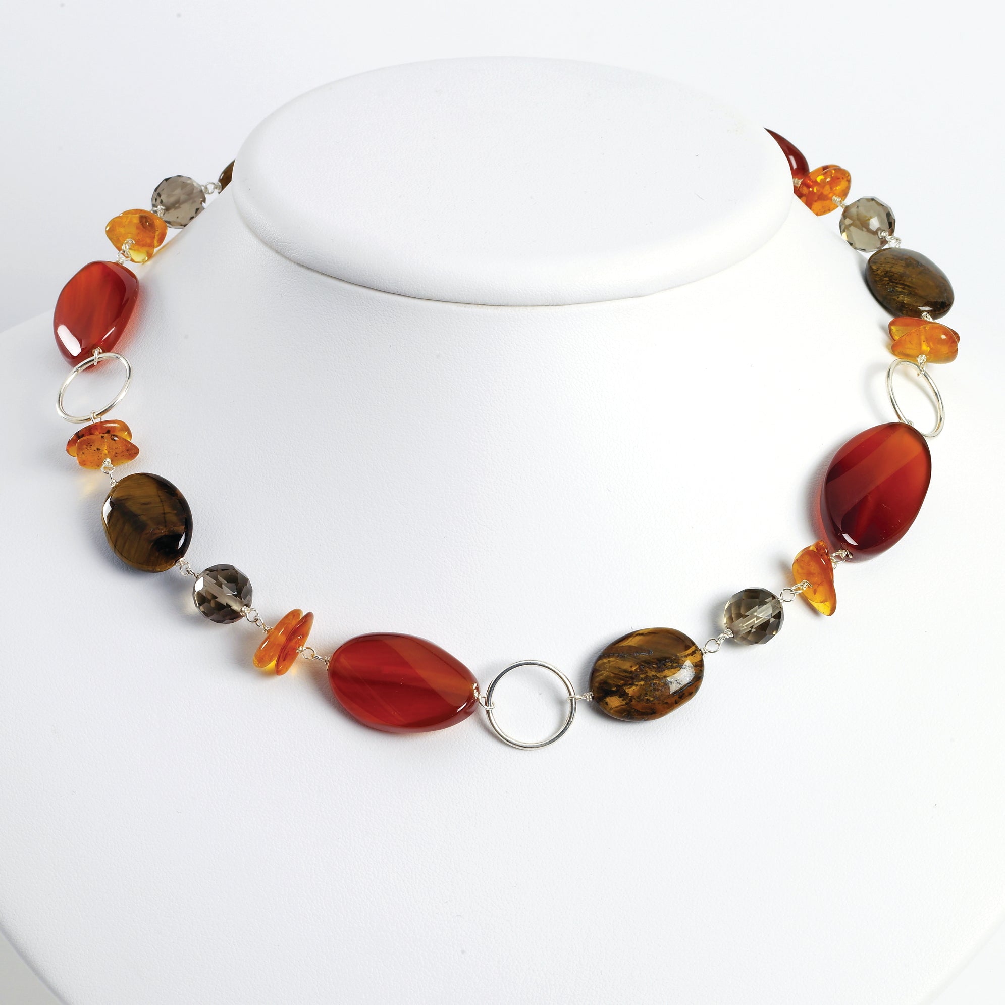 Sterling Silver Amber/Carnelian/Smokey Quartz/Tiger's Eye Necklace