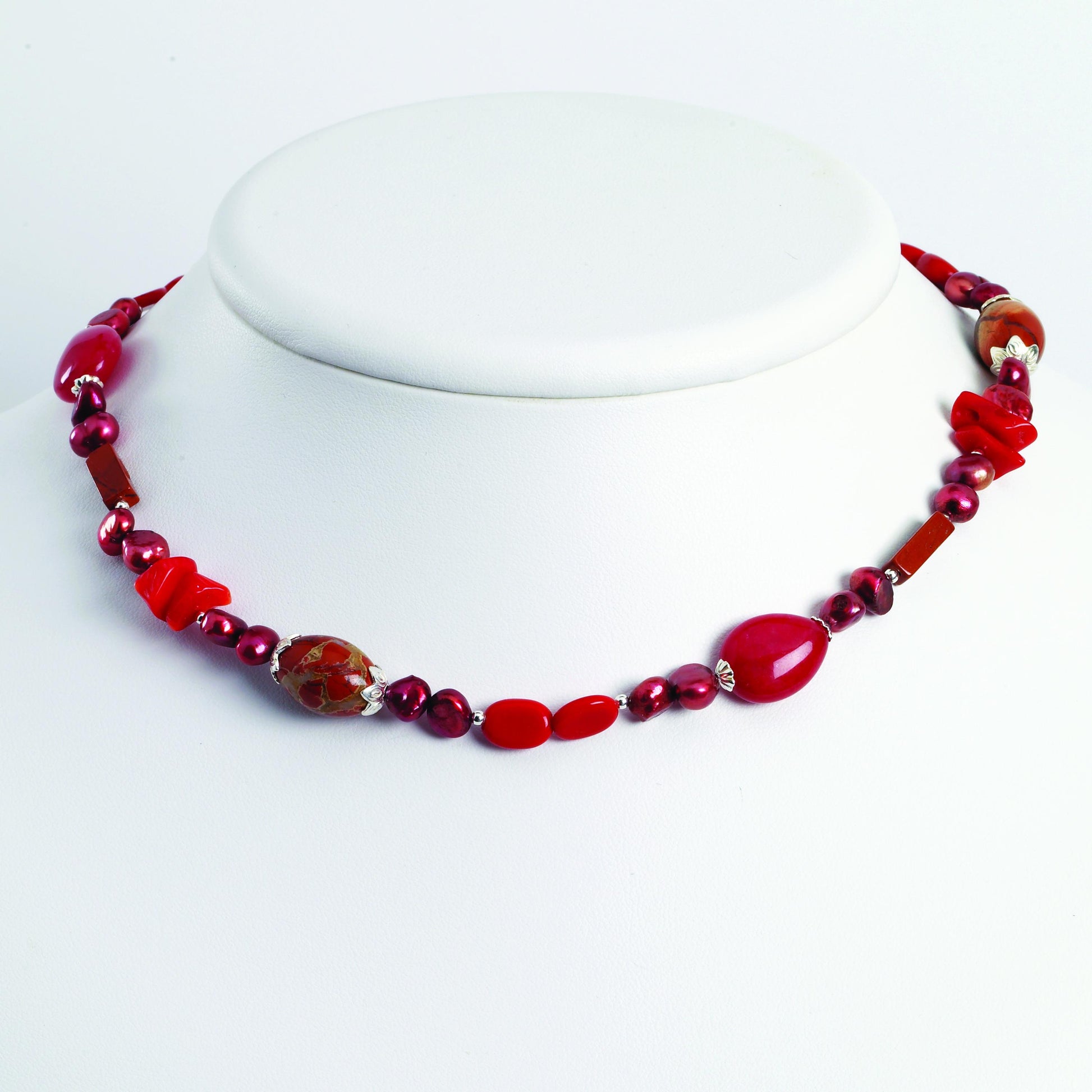Sterling Silver Red Coral/FW Cultured Pearl/Agate/Jasper Necklace