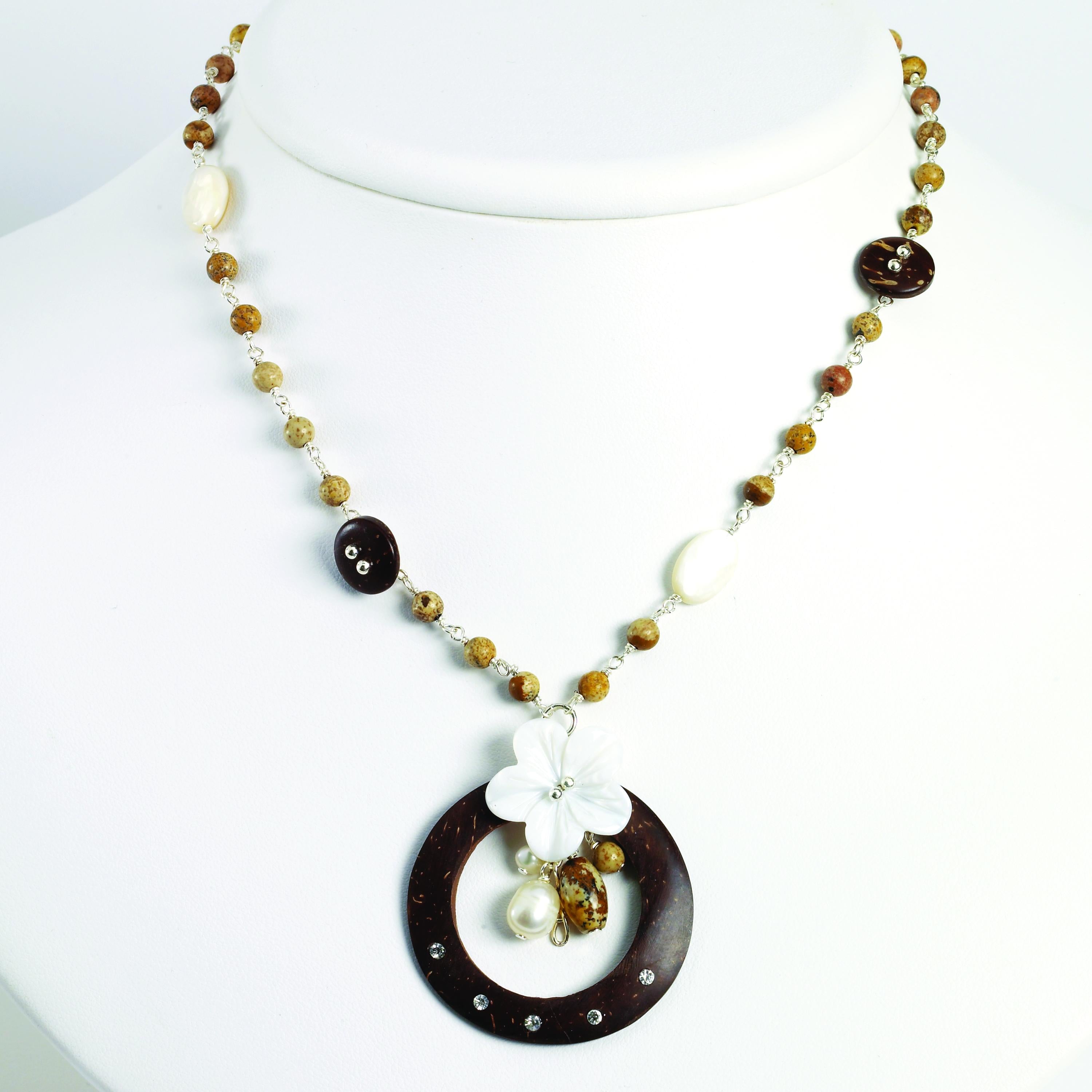 Sterling Silver Coconut Shell/White Cultured Pearl/Picture Jasper Necklace
