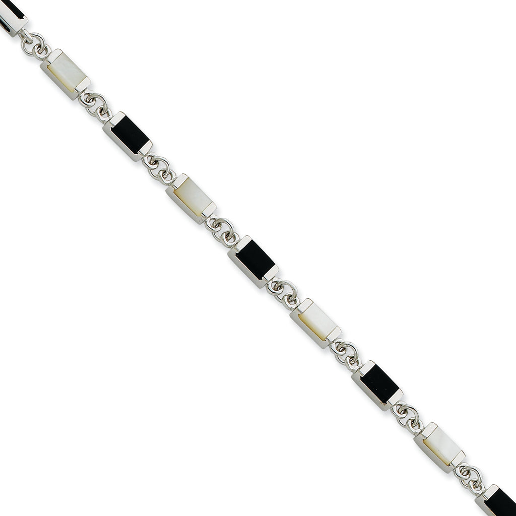 Sterling Silver 7inch Fancy Onyx & Mother Of Pearl Bracelet 7 Inches