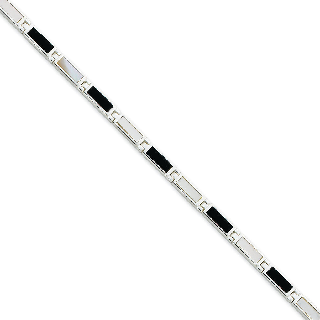 Sterling Silver 7inch Fancy Onyx & Mother Of Pearl Bracelet 7 Inches