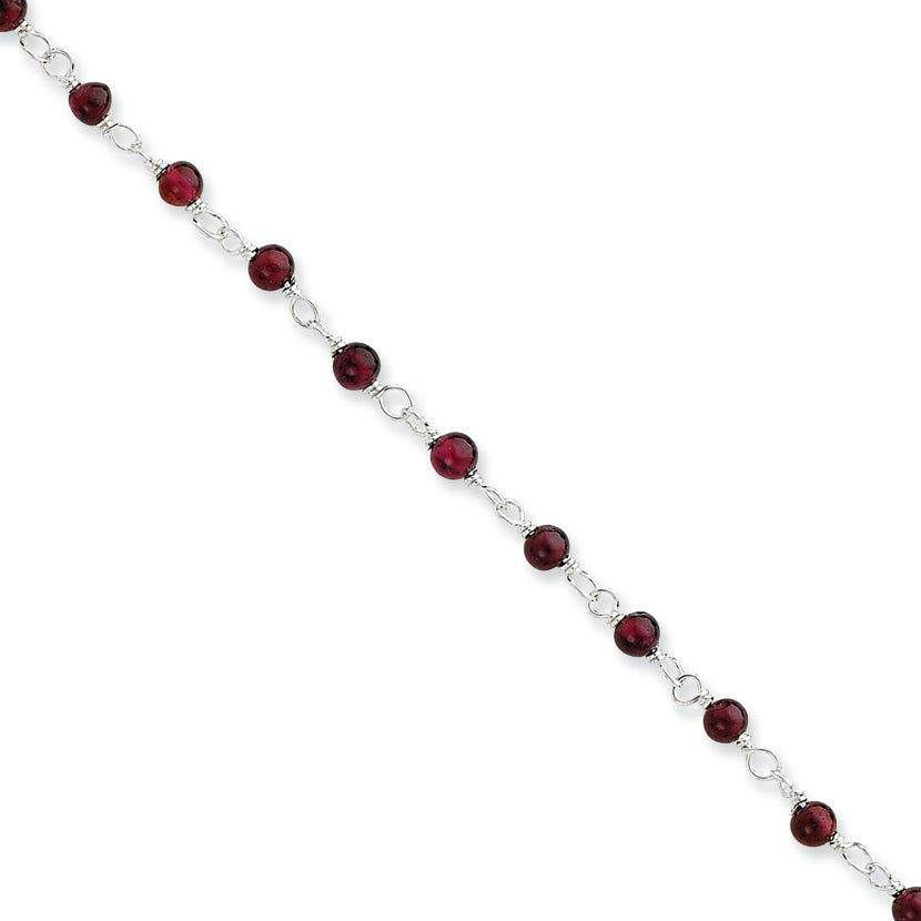Sterling Silver 18inch Polished Garnet Beaded Necklace 18 Inches