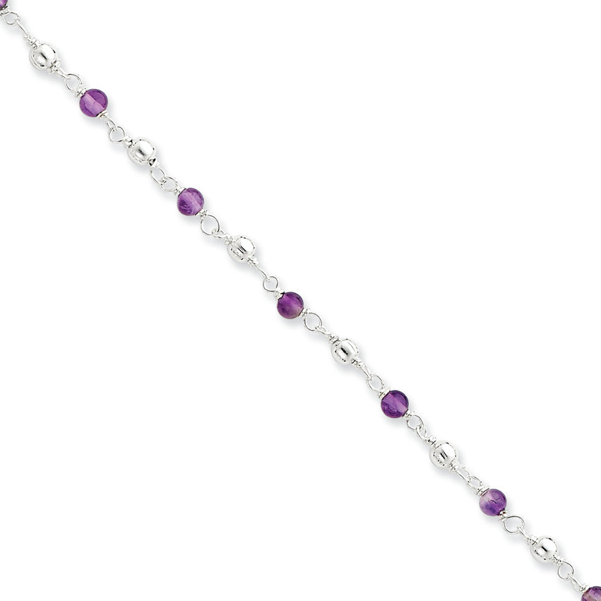 Sterling Silver 18inch Polished Amethyst Beaded Necklace 18 Inches