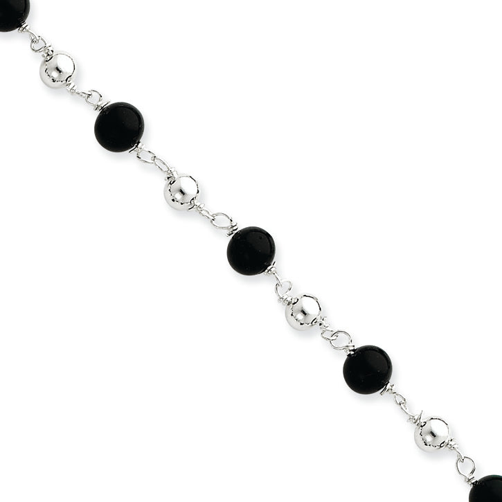 Sterling Silver 7inch Polished Onyx Beaded Bracelet 7 Inches