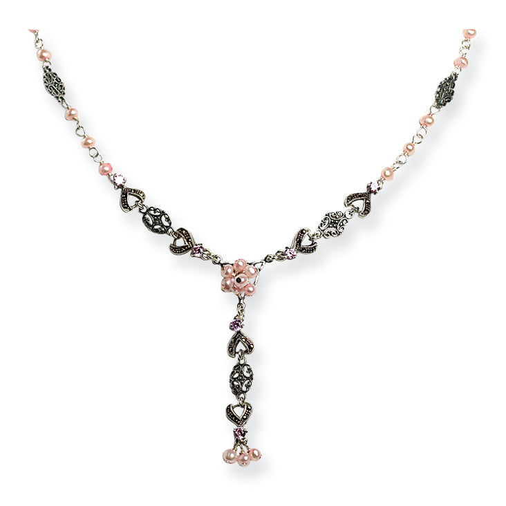 Sterling Silver Pink FW Cultured Pearl/Crystal & Marcasite Drop Necklace