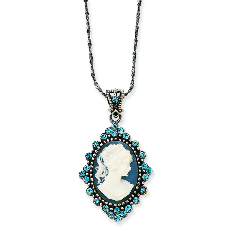 Sterling Silver Blue Crystal Cameo Pendant w/ 16 Chain