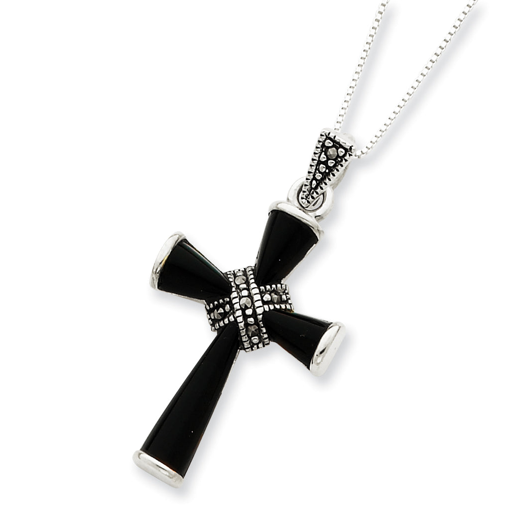 Sterling Silver 18 Box Chain Marcasite Onyx Cross Pendant