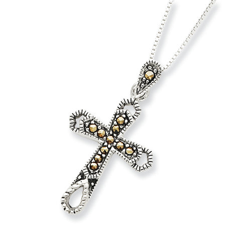 Sterling Silver 18 box Chain Marcasite Cross Pendant