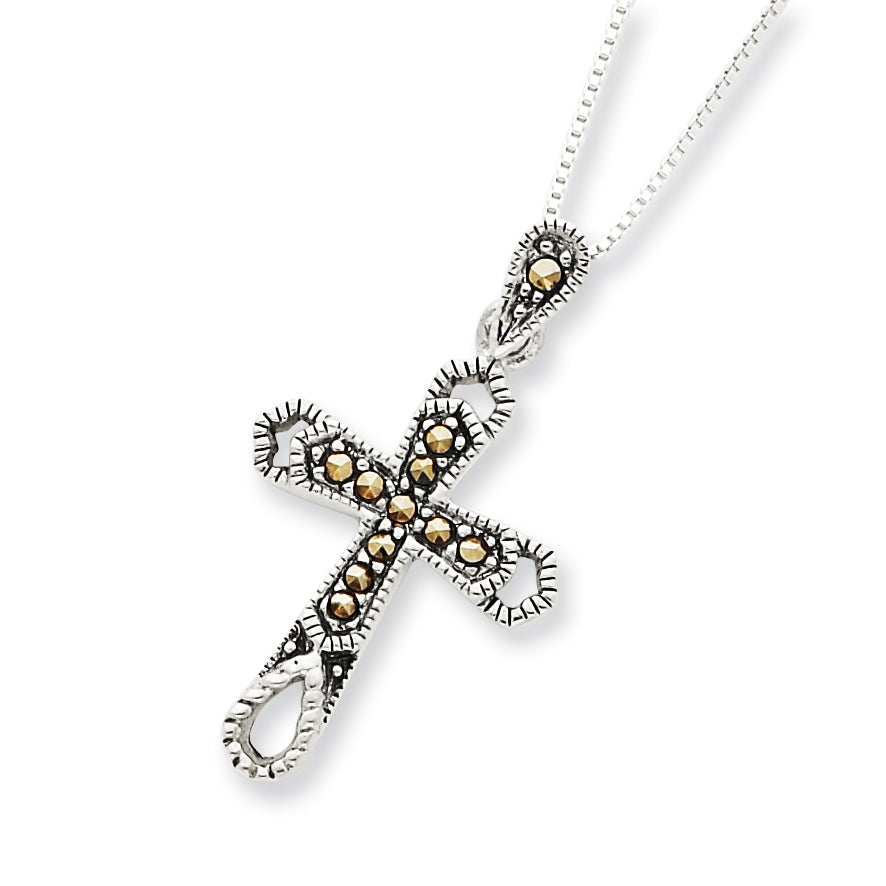 Sterling Silver 18 box Chain Marcasite Cross Pendant