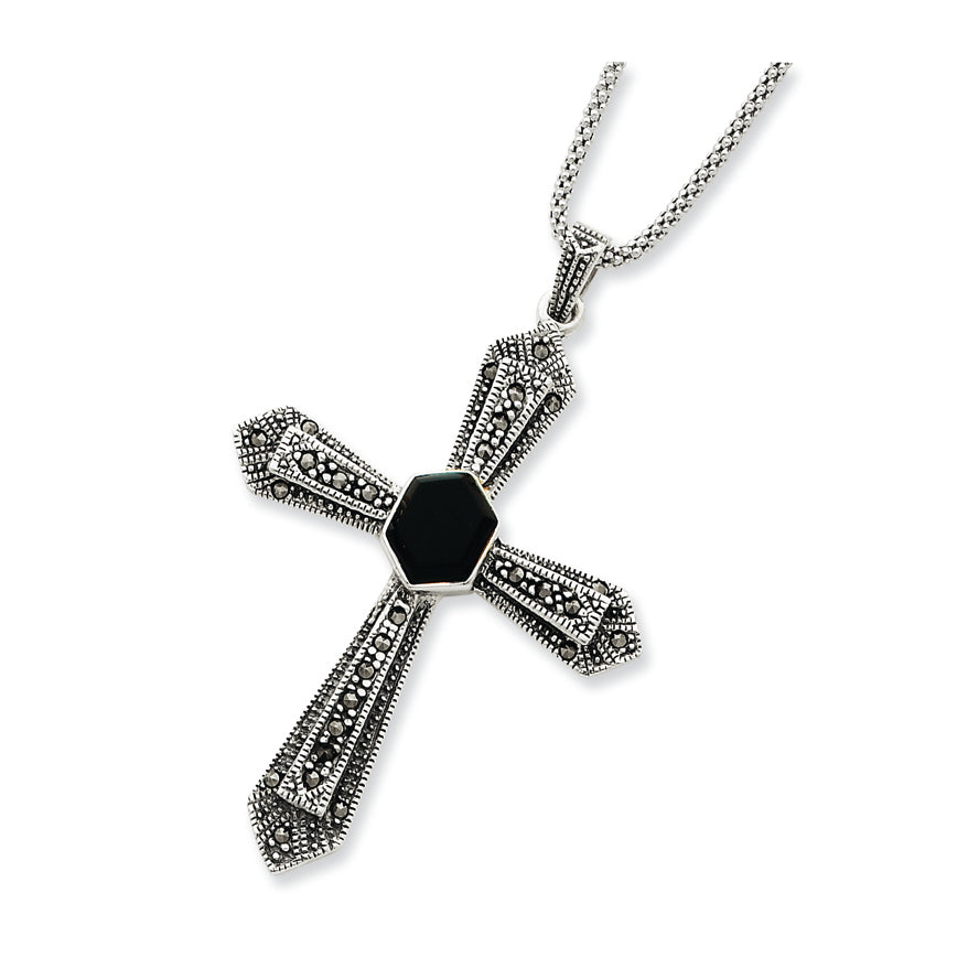 Sterling Silver 18 Popcorn Chain w/ Marcasite Onyx Cross Pendant