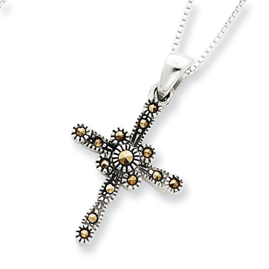 Sterling Silver 18 Box Chain w/ Marcasite Cross Pendant