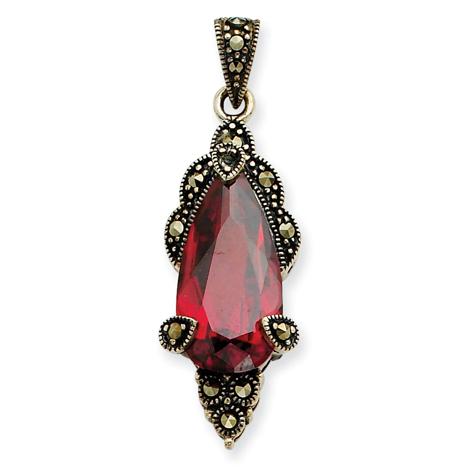 Sterling Silver Marcasite & Red CZ Pendant