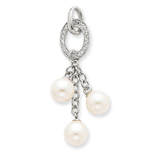 Sterling Silver CZ Oval Simulated Pearl Dangle Pendant