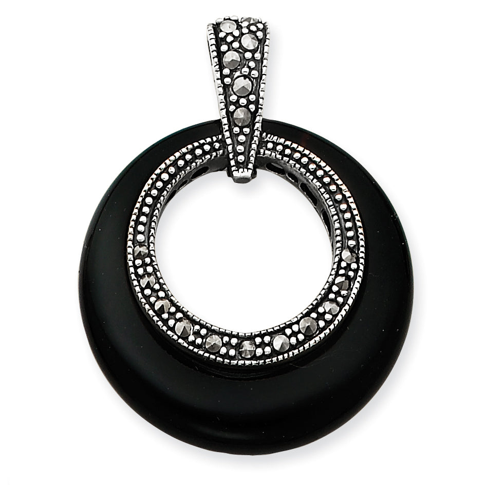 Sterling Silver Onyx & Marcasite Circle Slide