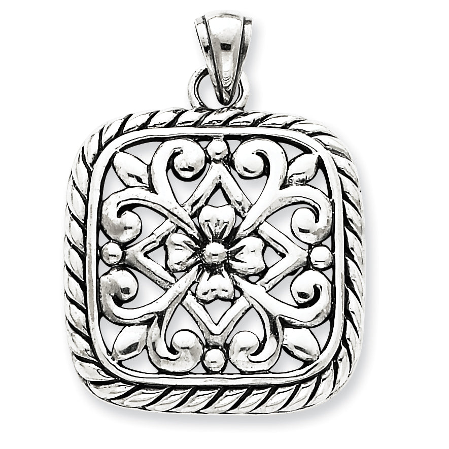 Sterling Silver Antiqued Square Floral Pendant