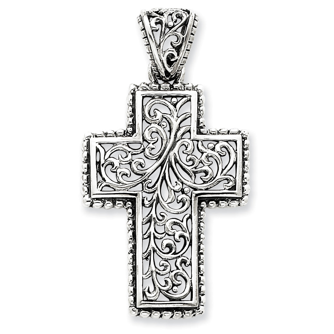 Sterling Silver Antiqued Swirl Cross Pendant