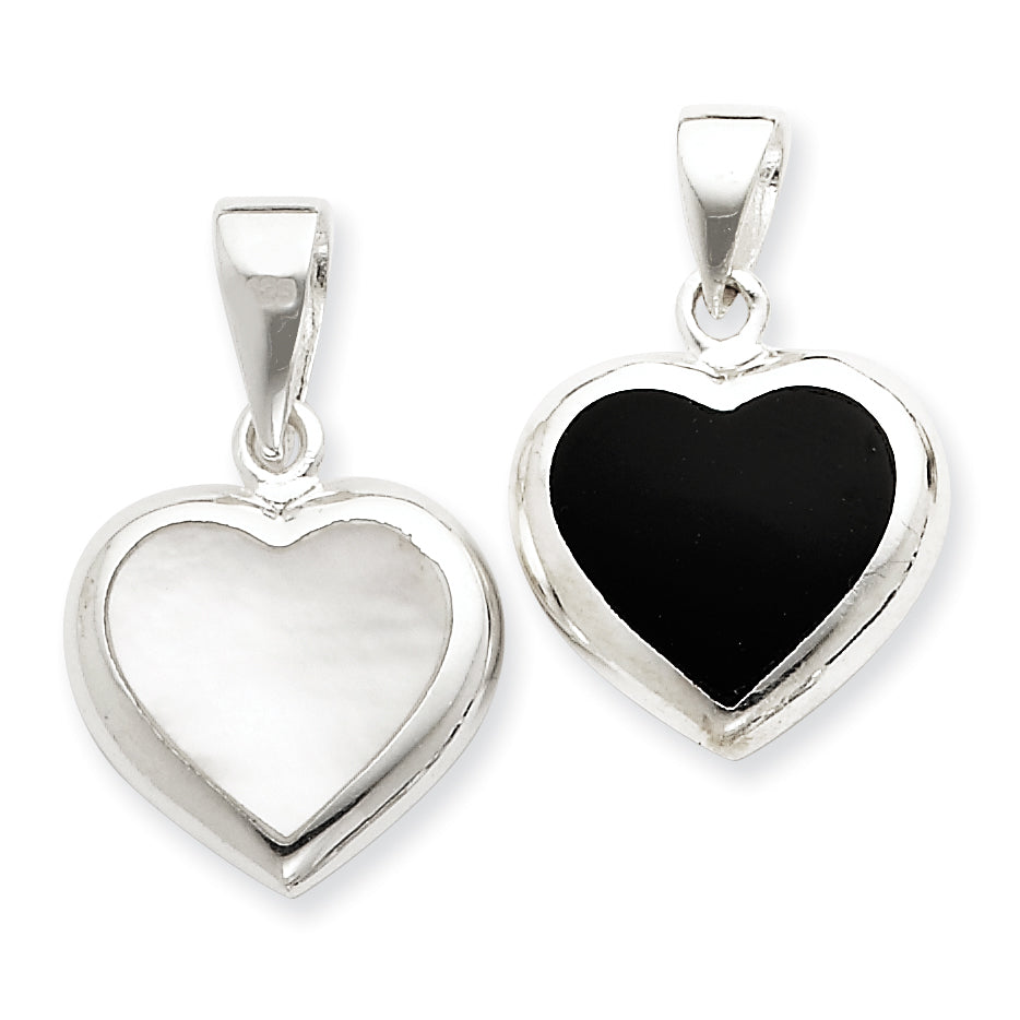 Sterling Silver Onyx & Mother Of Pearl Reversable Heart Pendant
