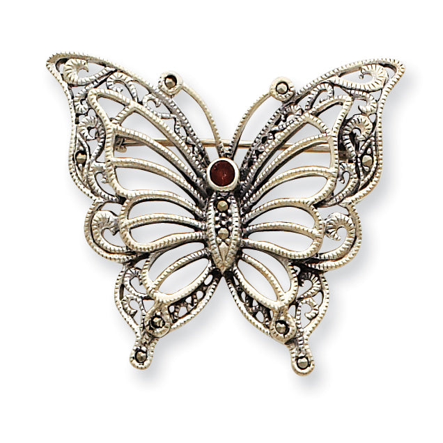 Sterling Silver Marcasite Red CZ Butterfly Pin